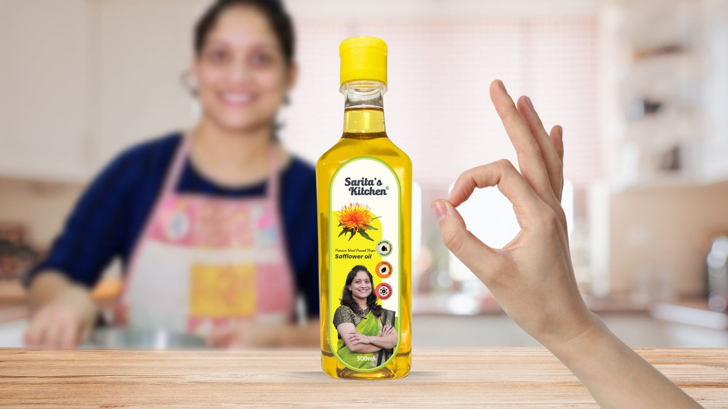 Wood Pressed Safflower Oil / Lakdi Ghana Kardai Tel - Sarita's Kitchen